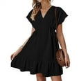 thumbnail image 1 of Uaswgudfs Women's Summer Short Sleeve Vacation Dress​ - V-Neck Tiered Ruffles & Cinched Waist 2025 Chic Black XL, 1 of 6
