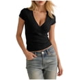 thumbnail image 1 of Uaswgudfs Women's Summer Solid Short Sleeve Deep V Neck Wrap Ruched Slim Fit Casual Tee Top for Women Everyday Fashion Wear Black 2XL, 1 of 6