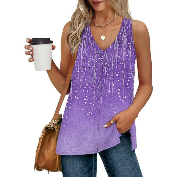 Uaswgudfs Women's Summer V-Neck Tank Top with Decorative Graphic Detailing - Asymmetrical Hemline and Lightweight Breathable Fabric for Effortless Casual Style