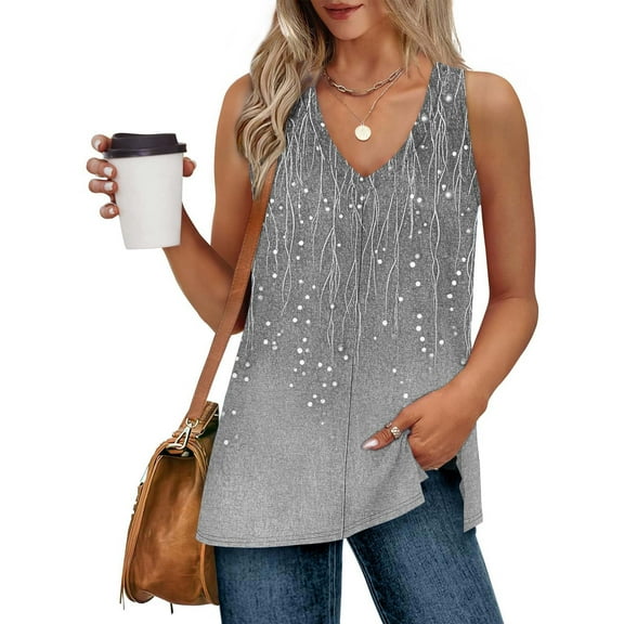 Uaswgudfs Women's Summer V-Neck Tank Top with Decorative Graphic Detailing - Asymmetrical Hemline and Lightweight Breathable Fabric for Effortless Casual Style