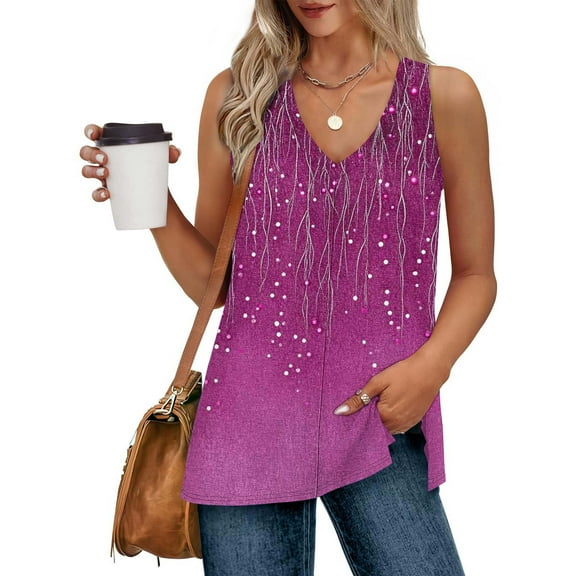 Uaswgudfs Women's Summer V-Neck Tank Top with Decorative Graphic Detailing - Asymmetrical Hemline and Lightweight Breathable Fabric for Effortless Casual Style
