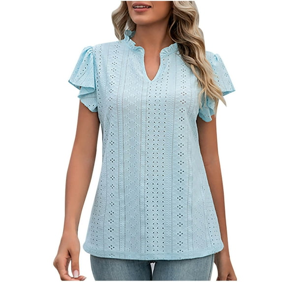 Uaswgudfs Women's Summer V-Neck Tunic Blouse Tee – Trendy Ruffle Sleeve Top with Loose Casual Dressy
