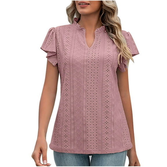 Uaswgudfs Women's Summer V-Neck Tunic Blouse Tee – Trendy Ruffle Sleeve Top with Loose Casual Dressy