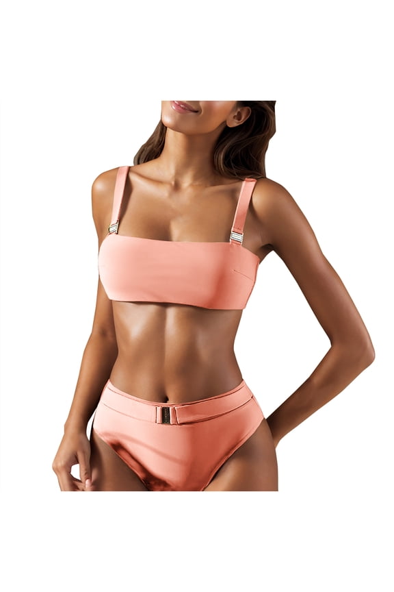 Women's Sun-Safe Bikini Swimsuit Set with High-Waisted Belted Bottoms and Strap Top - UPF 50+ Swimwear for Beach or Pool Pink L