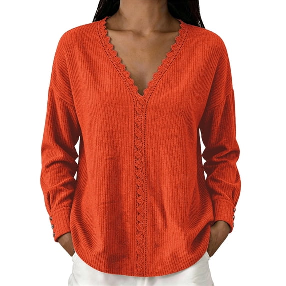 Uaswgudfs Women's Sweater Loose Fit Long Sleeve V Neck Scalloped Lace Trim Ribbed Knit Casual Pullover Top for Autumn Winter