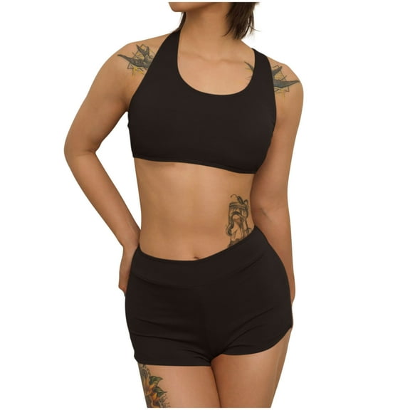 Uaswgudfs Women's Swimwear Two-Piece Swimsuit Set - Sporty Style Elastic Knit Fabric Bikini Top & Bottom with Clean Lines Black M