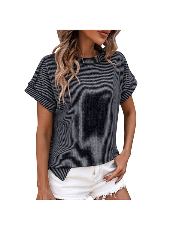 Women's T-Shirts Knit Ribbing Short Sleeve Crew Neck Casual Tops Soft Cotton Solid Basic Tee Breathable fabric Blouses