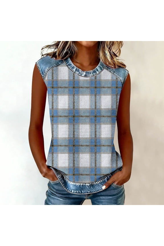 Women's Tank Tops Denim Collar Grid Print Casual Retro Tank Top for Streetwear & Vacation