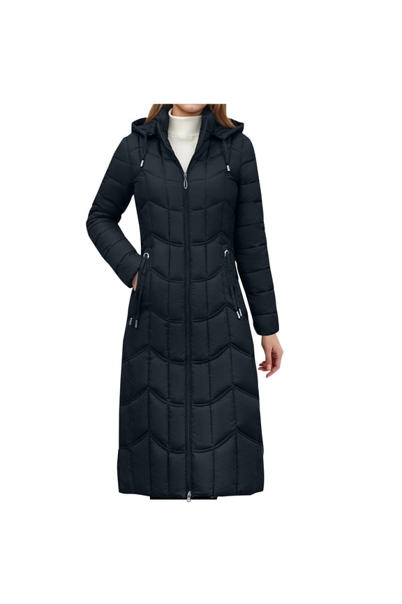 Women's Teal Long Puffer Coat, Hooded Quilted Winter Jacket with Pockets - Warm Outerwear Black XL