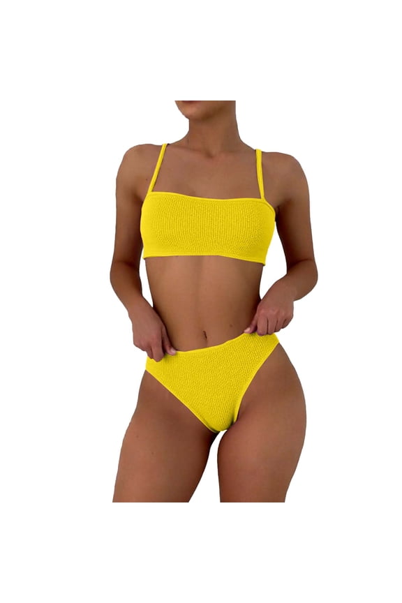Women's Textured Bandeau Two Piece Bikini Sets Scrunch Ribbed Thin Strap Cheeky Bathing Suit Yellow L