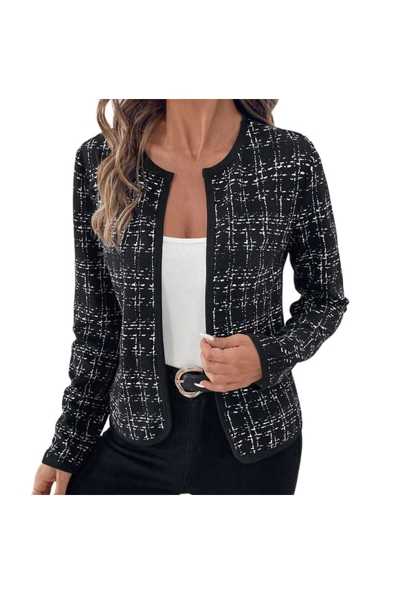 ​Women's Textured Tweed Winter Coat - Cropped Open Front Insulated Cold Weather Outerwear