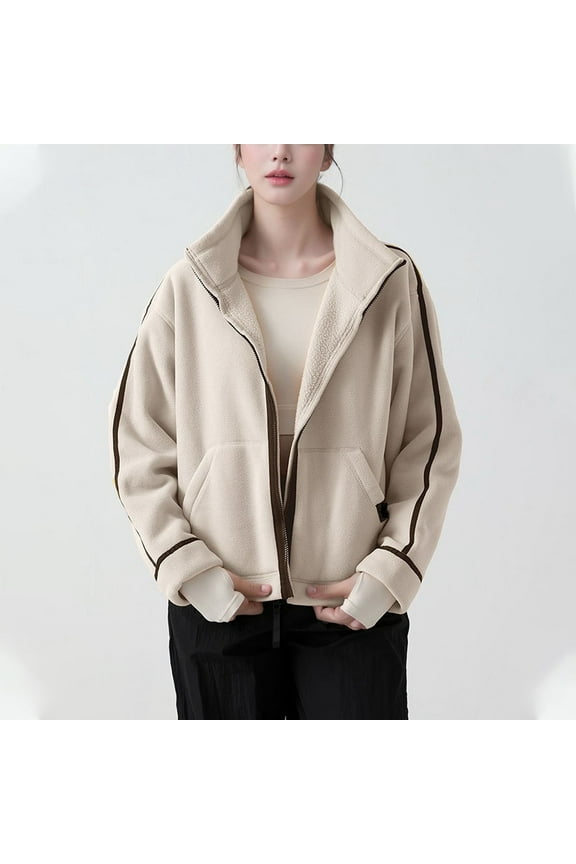 Women's Textured Zip-Up Jacket - Relaxed Fit Stand Collar Thick Fabric Spacious Pockets Ribbed Cuffs