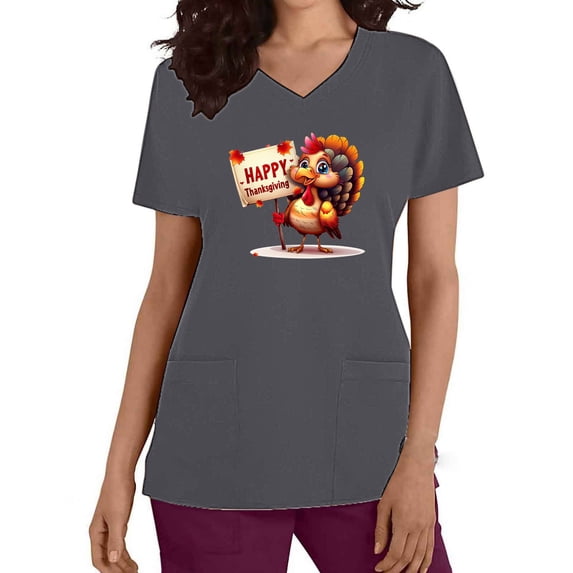 Uaswgudfs Women's Thanksgiving Scrub Tops - V-Neck Short Sleeve Nursing Workwear Gray S