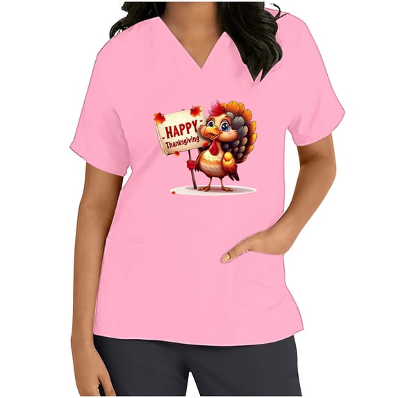 Uaswgudfs Women's Thanksgiving Scrub Tops - V-Neck Short Sleeve Nursing Workwear Pink M