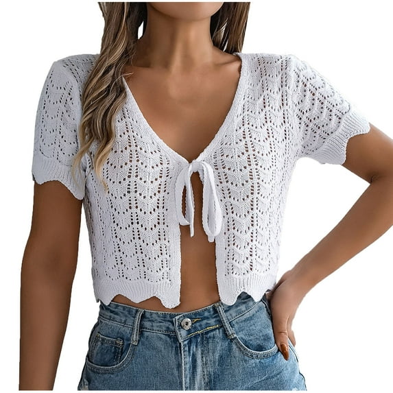 Uaswgudfs Women's Tie-Front Crochet Short Sleeve Cropped Lightweight Knit Bolero Cardigan Cover Up Top & Blouse for Summer Fashion