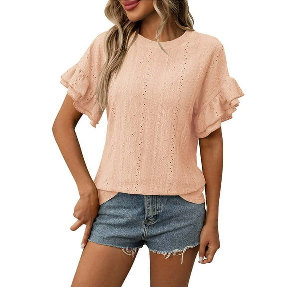 Uaswgudfs Women's Tops Puff Short Sleeve Crew Neck T Shirt Dressy Summer hollow out Tee Solid Loose Casual Blouse