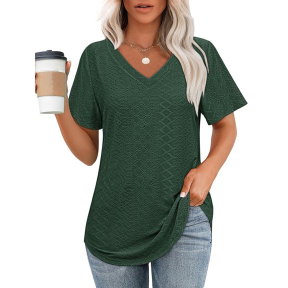 Uaswgudfs Women's Trend V-Neck Short Sleeve Top with Cutout Textured Fabric - Asymmetrical Hem Casual Summer Blouse