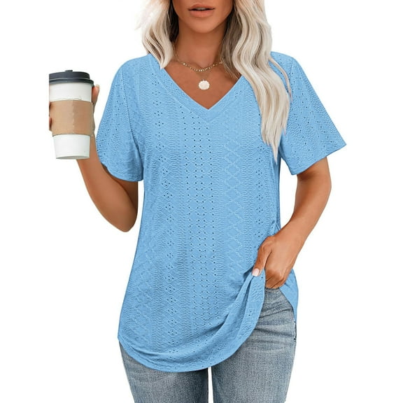 Uaswgudfs Women's Trend V-Neck Short Sleeve Top with Cutout Textured Fabric - Asymmetrical Hem Casual Summer Blouse