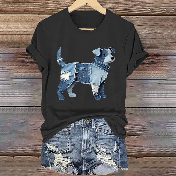 Uaswgudfs Women's Trendy Dog Denim Graphic Print Crew Neck Short Sleeve Top - Casual Daily Wear Fashion T-Shirt Black 3XL