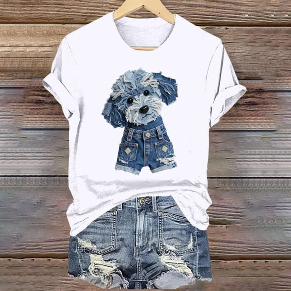 Uaswgudfs Women's Trendy Dog Denim Graphic Print Crew Neck Short Sleeve Top - Casual Daily Wear Fashion T-Shirt White S