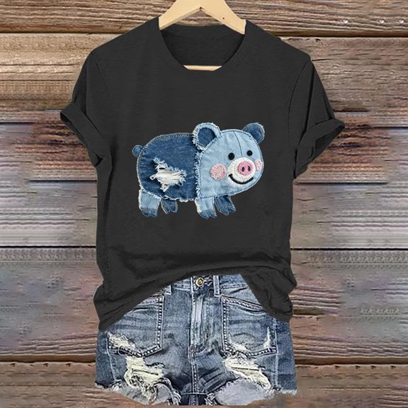 Uaswgudfs Women's Trendy Dolphin Denim Graphic Print Crew Neck Short Sleeve Top - Casual Daily Wear Fashion T-Shirt Black M