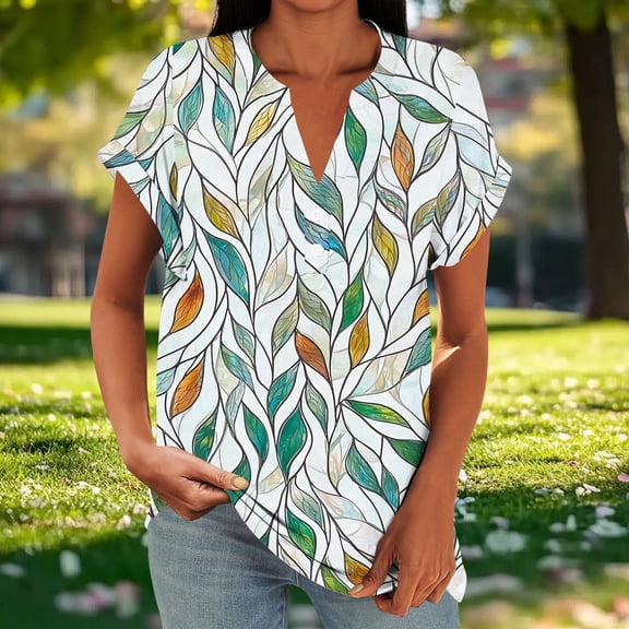 Uaswgudfs Women's Trendy Loose Casual V-Neck Button Raglan Sleeve Short Sleeve T-Shirt - Feather Print Casual Blouse Green XL