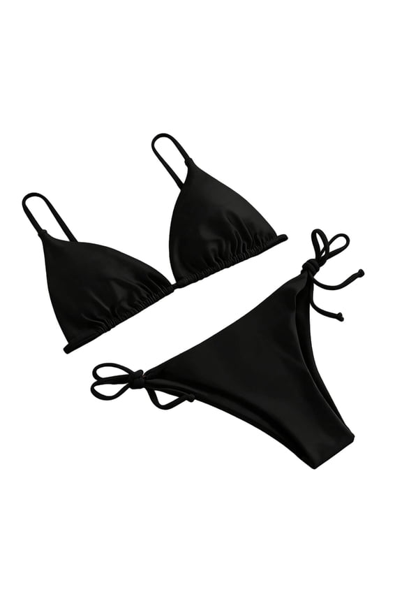 Women's Triangle String Two Piece Bikini Sets Solid Color Side Tie Cheeky Bathing Suit Black XL
