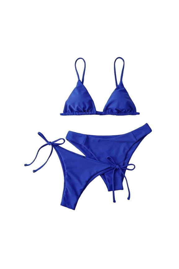 Women's Triangle String Two Piece Bikini Sets Solid Color Side Tie Cheeky Bathing Suit Blue L