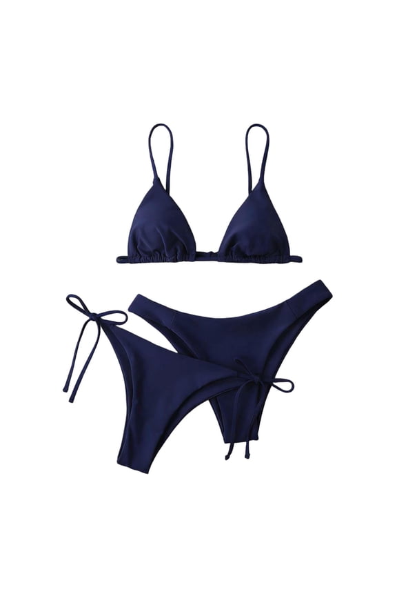 Women's Triangle String Two Piece Bikini Sets Solid Color Side Tie Cheeky Bathing Suit Blue L