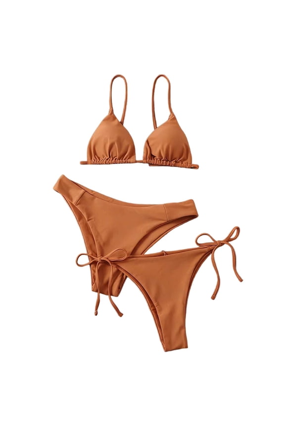 Women's Triangle String Two Piece Bikini Sets Solid Color Side Tie Cheeky Bathing Suit Brown M