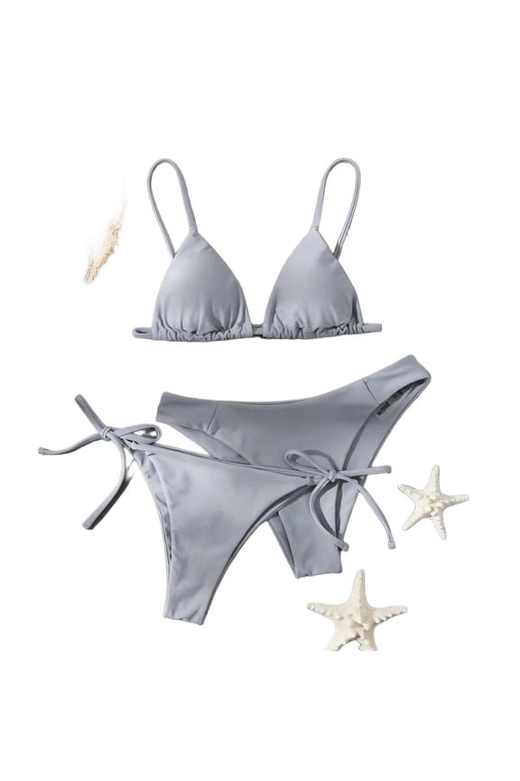 Women's Triangle String Two Piece Bikini Sets Solid Color Side Tie Cheeky Bathing Suit Gray S