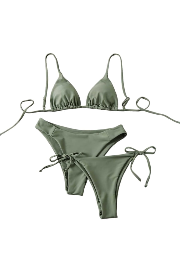 Women's Triangle String Two Piece Bikini Sets Solid Color Side Tie Cheeky Bathing Suit Green S