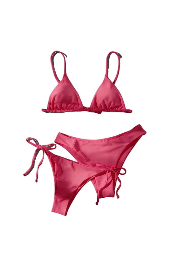 Women's Triangle String Two Piece Bikini Sets Solid Color Side Tie Cheeky Bathing Suit Pink S