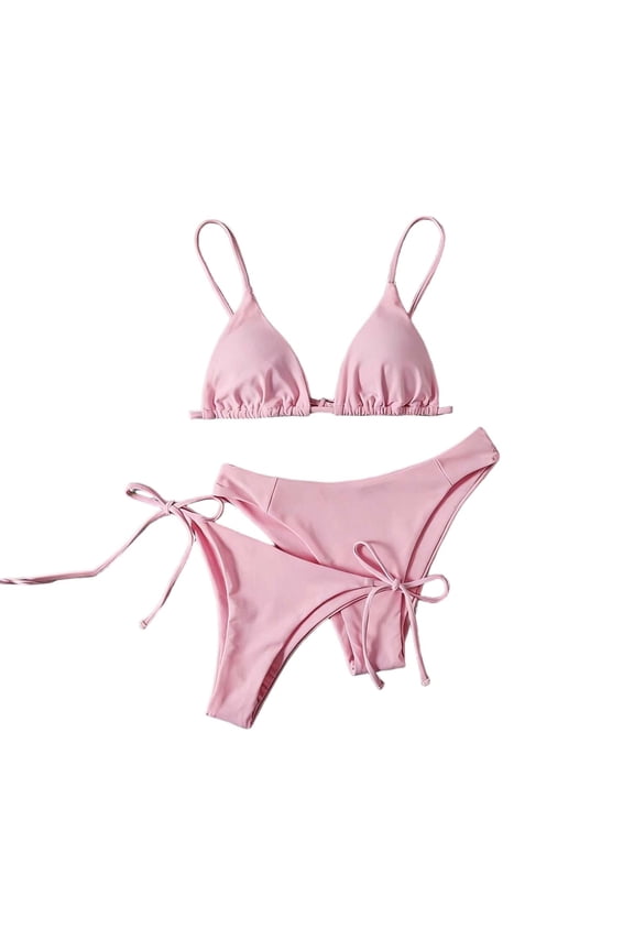 Women's Triangle String Two Piece Bikini Sets Solid Color Side Tie Cheeky Bathing Suit Pink XL