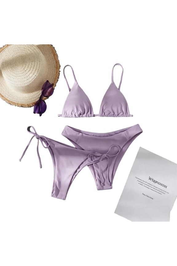 Women's Triangle String Two Piece Bikini Sets Solid Color Side Tie Cheeky Bathing Suit Purple L