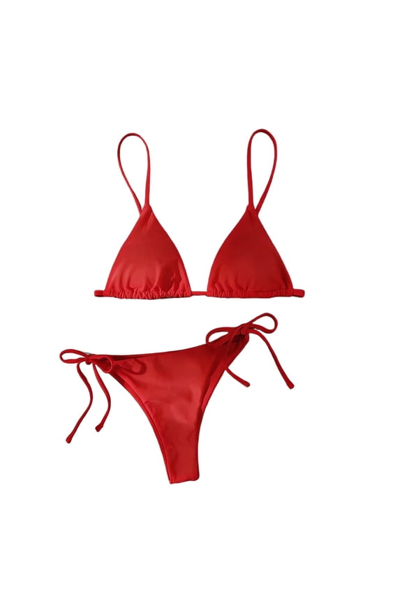 Women's Triangle String Two Piece Bikini Sets Solid Color Side Tie Cheeky Bathing Suit Red XL