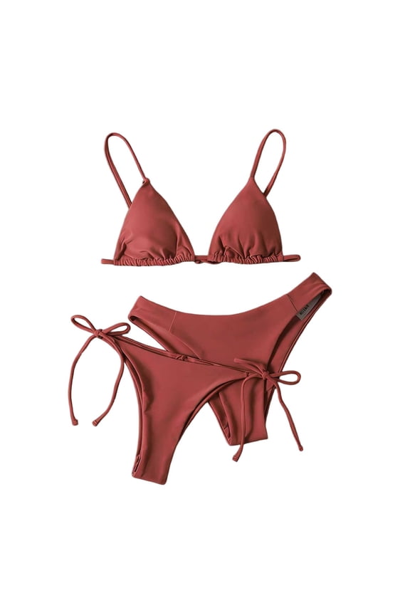 Women's Triangle String Two Piece Bikini Sets Solid Color Side Tie Cheeky Bathing Suit Red XL
