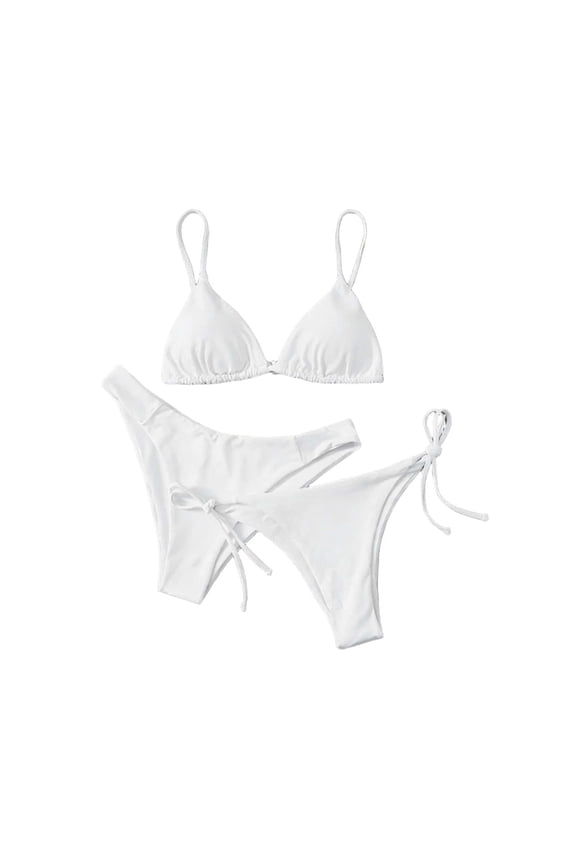 Women's Triangle String Two Piece Bikini Sets Solid Color Side Tie Cheeky Bathing Suit White S