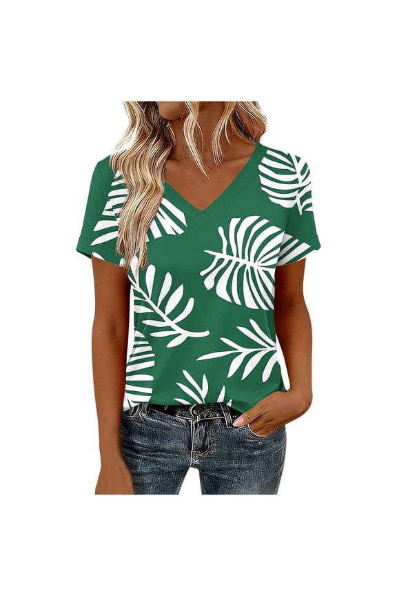 Women's Tropical Leaf Print V Neck Short Sleeve Tops Summer Casual Blouses Fashion T Shirts for Daily Outings Green 3XL