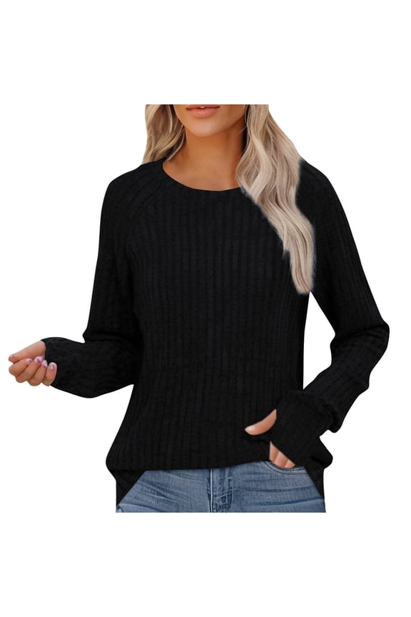 Uaswgudfs Women's Tunic Sweaters Lightweight Casual Long Sleeve Crewneck Pullover Black Fall Fashion Tops with Thumb Hole M