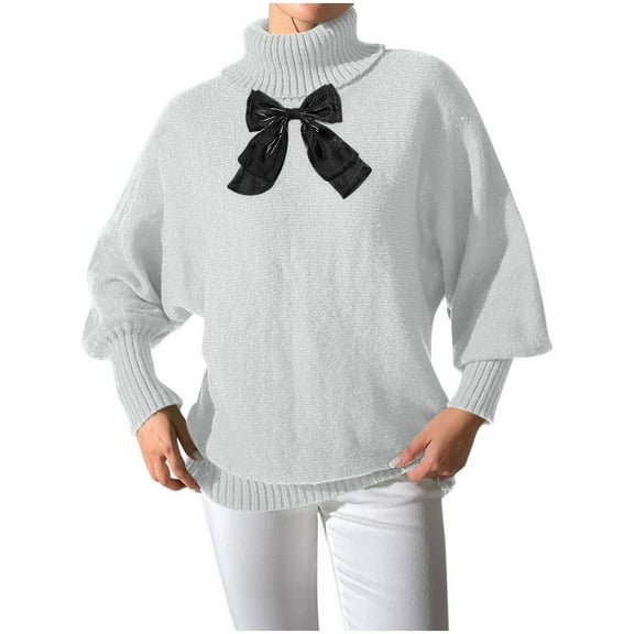 Uaswgudfs Women's Turtleneck Sweater with Bow Detail, Casual Long Sleeve Solid Color Knit Pullover, Fashion Acrylic Top for Daily, Office & Party Outfits