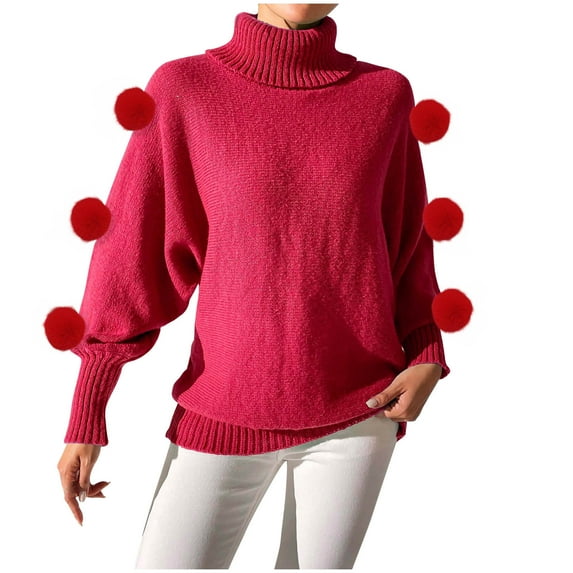 Uaswgudfs Women's Turtleneck Sweater with Ball Detail, Fall Winter Long Sleeve Knit Pullover, Casual Solid Color Top for Daily & Office Outfits