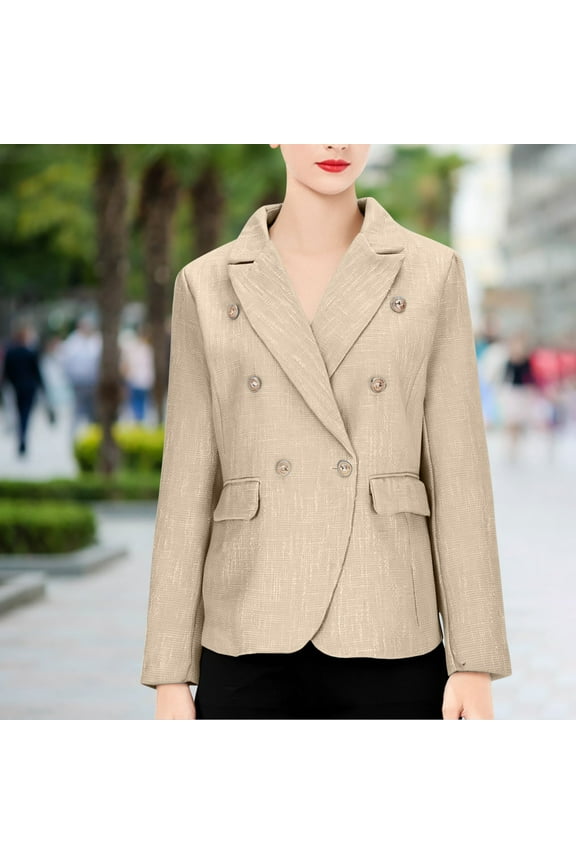 Women's Tweed Slim Double-Breasted Blazer - Textured Long Sleeve Patch Pockets Commuter & Casual