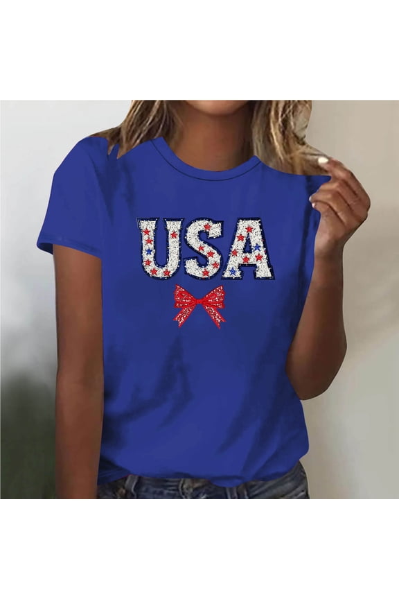 Women's USA Glitter Print Bow Crew Neck Short Sleeve Tops Patriotic Casual Tees 4th of July Shirts for Independence Day Blue L