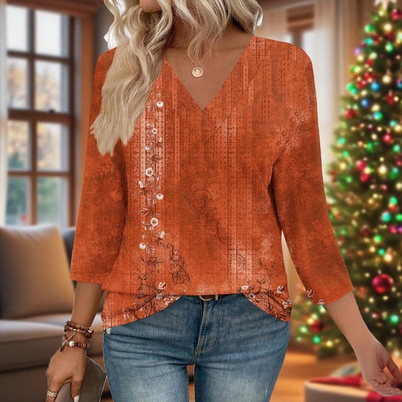 Uaswgudfs Women's V Neck 3/4 Sleeve Loose Fit Casual T Shirts - Trendy Printed Women's Daily Wear Tops, Fashion Relaxed Women's Casual Upper Wear Orange S