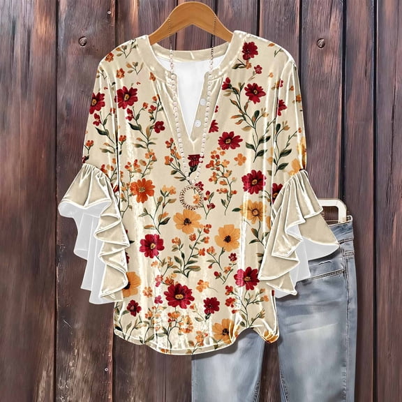 Uaswgudfs Women's V-Neck Blouse - Casual Button Front Tunic Top, Autumn Leaf Print Relaxed Fit Shirts for Women S