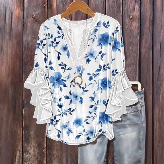 Uaswgudfs Women's V-Neck Blouse - Floral Print Casual Button Front Tunic Top, Fashion Relaxed-Fit 3/4 Sleeve Shirts for Women L