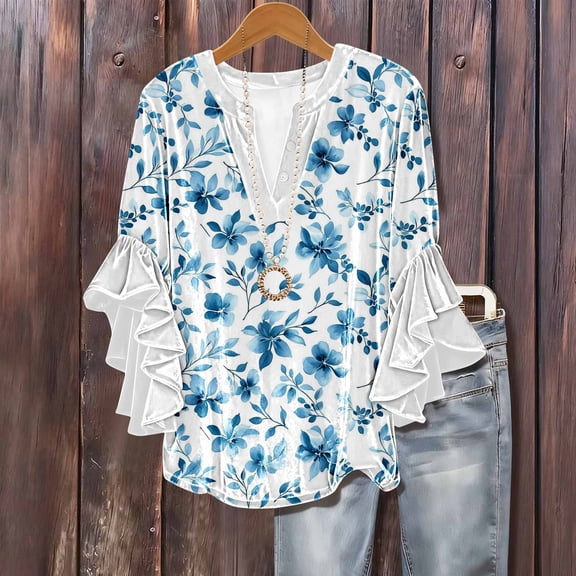 Uaswgudfs Women's V-Neck Blouse - Floral Print Casual Button Front Tunic Top, Relaxed Fit Women's Shirts, Trendy Spring Summer Fashion Blouse White XL