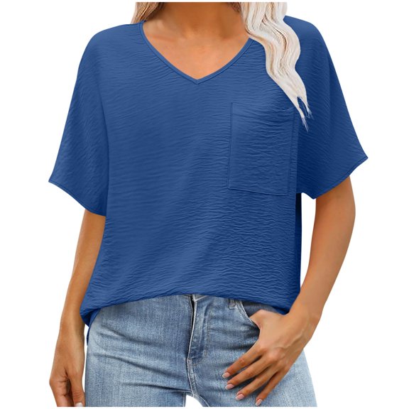 Uaswgudfs Women's V-Neck Blouse with Decorative Pocket and Lightweight Textured Fabric - Short Sleeve Minimalist Top