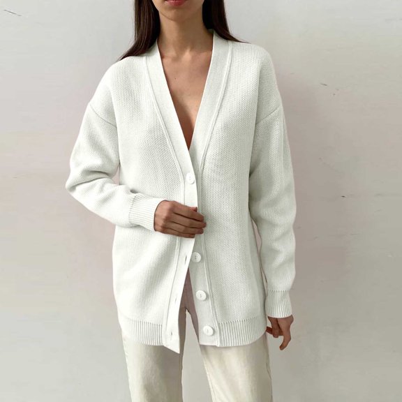 Uaswgudfs ​Women's V-Neck Button Cardigan - Relaxed Fit Textured Knit with Ribbed Hem & Cuffs​